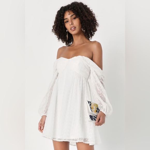 Lulus Dresses & Skirts - Lulus Sophisticated Darling White Eyelet Off-the-Shoulder Mini Dress